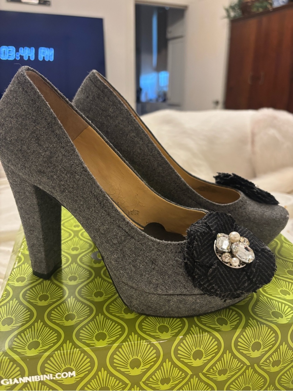 Gianni Bini Gray Felt Gem-Embellished Platform Pumps
